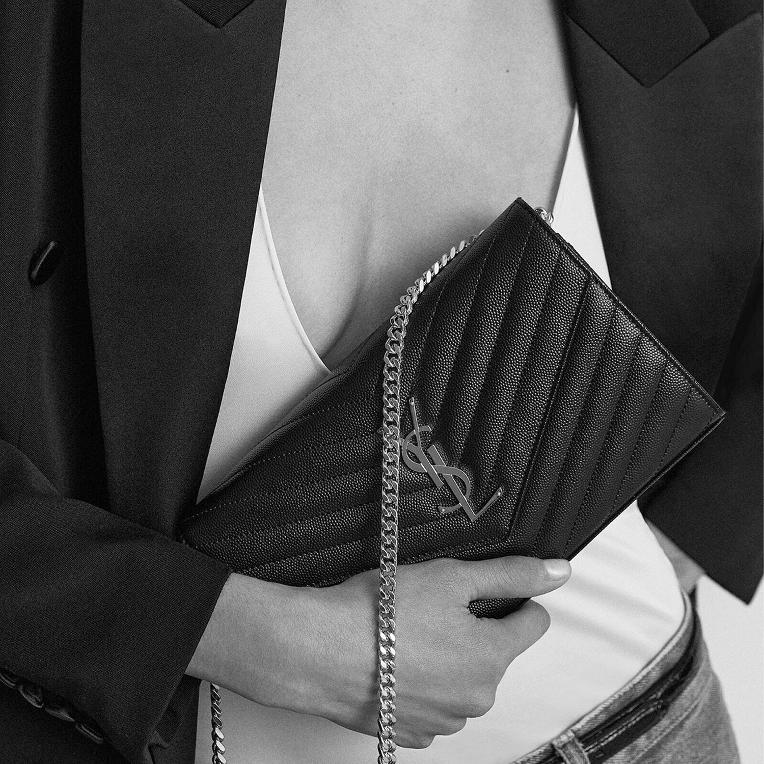 Saint Laurent CLASSIC CASSANDRE CHAIN WALLET IN GRAIN DE POUDRE LEATHER
